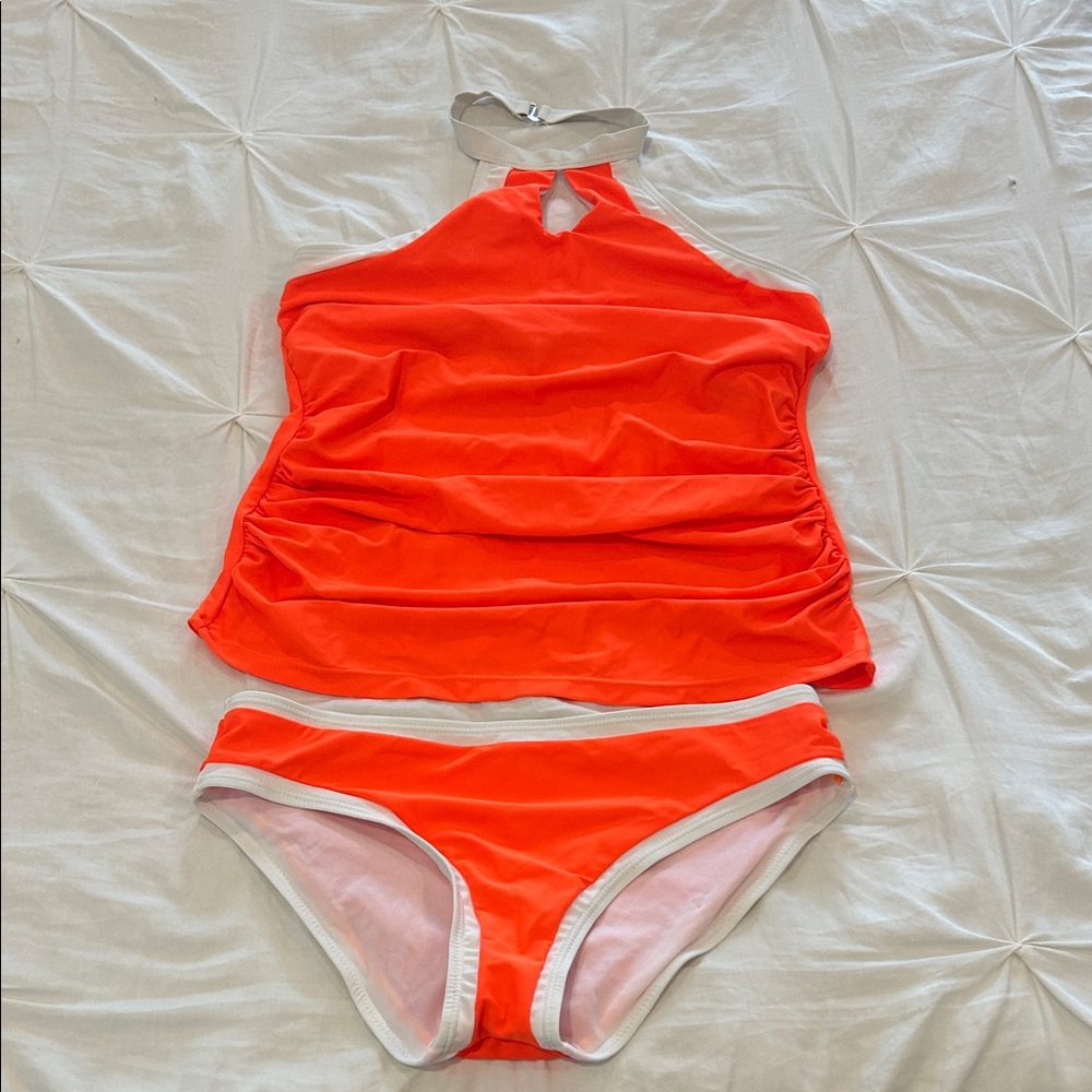 Vibrant Orange Retro Ruche Sides Halter Bikini Tankini Set Size Medium
